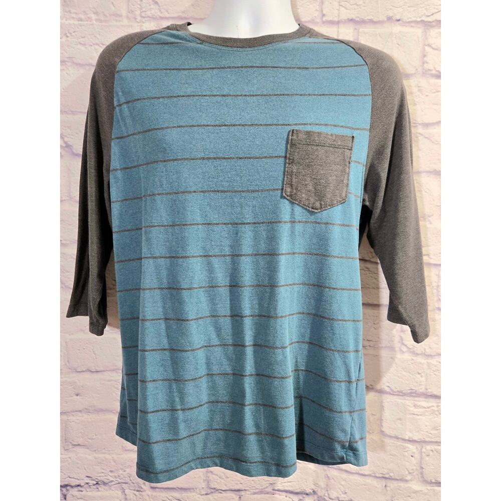 Retro Fit Blue Black Striped 3/4 Sleeves Men's Shirt Large Lightweight